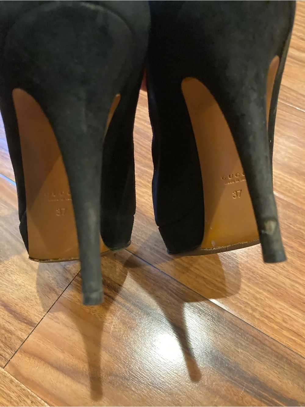 GUCCI Black Suede Peep Toe Platform Heels Pumps Shoes 37 Eur